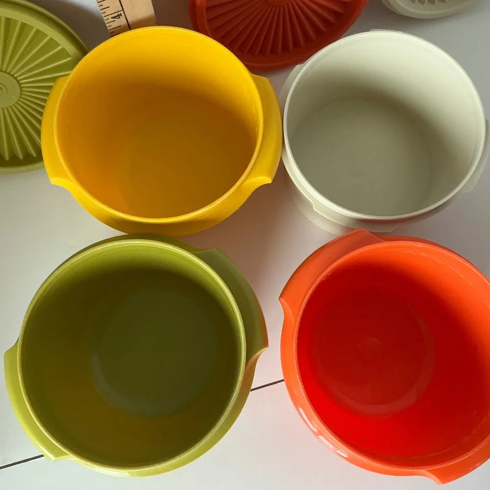 Tupperware Vintage Servalier Bowls Set of 4 Sunburst Lids Harvest Colors MCM